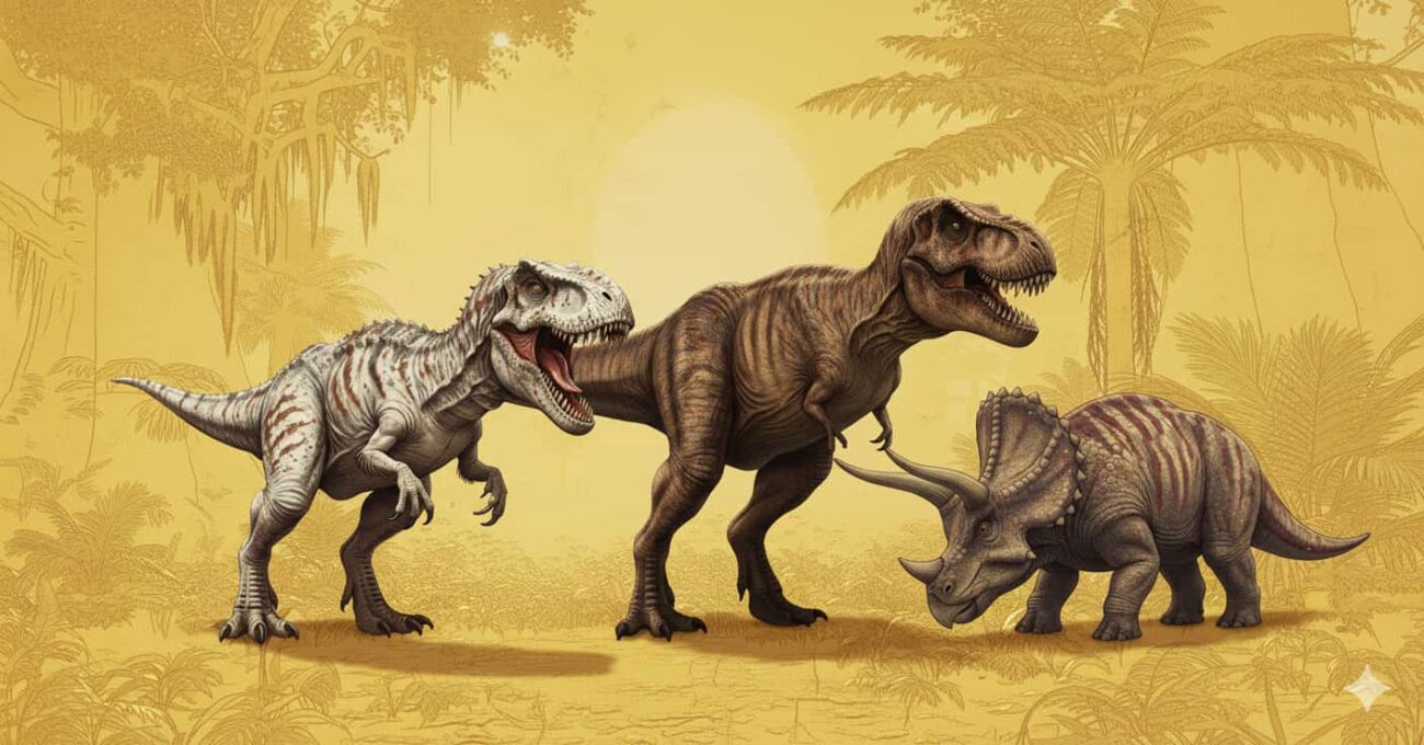 Indominus Rex, Triceratops, T-Rex, dinosaurs in modern park, prehistoric dinosaurs together, dinosaur safari scene, observing Indominus Rex, Triceratops grazing, T-Rex hunting, dinosaur coexistence, controlled dinosaur habitat.