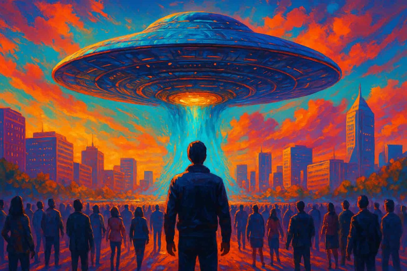 A photorealistic image of three humanoid aliens standing under a glowing UFO in a bustling city street, surrounded by a large crowd of amazed onlookers filming with smartphones, with military helicopters in the background.