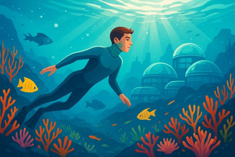 human breathing underwater, human with gills, underwater human evolution, humans adapted to water, breathing like fish concept, aquatic human anatomy, futuristic underwater humans, gilled humans illustration, human fish hybrid, humans exploring ocean, sci-fi humans underwater, humans swimming with gills, underwater survival evolution, humans with aquatic adaptation, human marine life adaptation curiouxify asif bc blogs curious things in the world what are the curious things fish