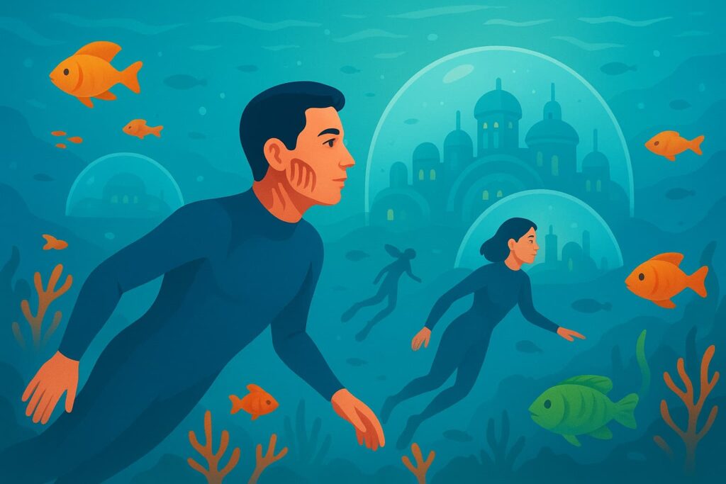 human breathing underwater, human with gills, underwater human evolution, humans adapted to water, breathing like fish concept, aquatic human anatomy, futuristic underwater humans, gilled humans illustration, human fish hybrid, humans exploring ocean, sci-fi humans underwater, humans swimming with gills, underwater survival evolution, humans with aquatic adaptation, human marine life adaptation curiouxify asif bc blogs curios things int he world 