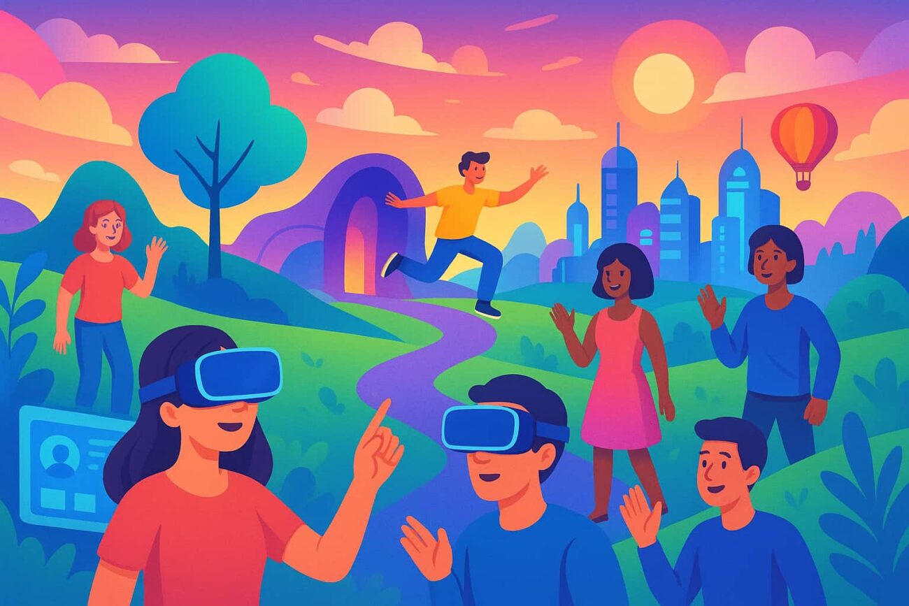 Virtual reality headset user exploring metaverse world, 3D digital avatar interacting in metaverse environment, futuristic metaverse city with neon lights and holograms, people socializing in virtual metaverse space, metaverse concept illustration with blockchain and AI, augmented reality overlay in metaverse digital world, immersive virtual reality metaverse experience, digital landscape in the metaverse with avatars walking, metaverse gaming environment with futuristic graphics, virtual conference or meeting in the metaverse space. fb zuckerbarg curiouxify asif bc blogs vector image of metaverse