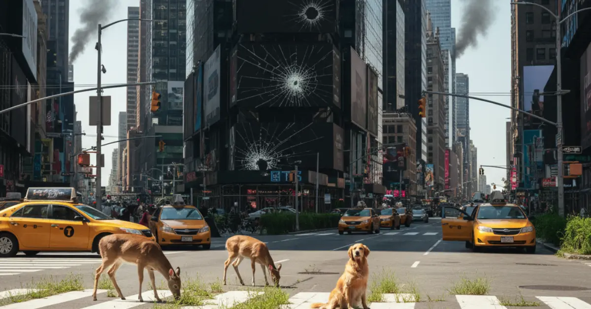 An empty Times Square in New York City one week after humans vanished, with deer grazing in the street and a golden retriever sitting calmly, surrounded by subtle overgrowth and abandoned yellow taxis.