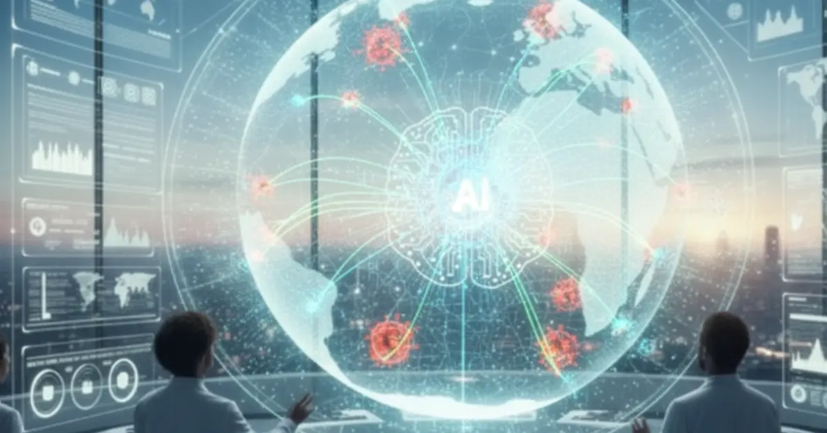 Scientists in a high-tech control room observing a holographic globe with a central AI brain symbol, showing interconnected data lines and viral outbreak indicators, representing AI's role in predicting and preventing global pandemics.