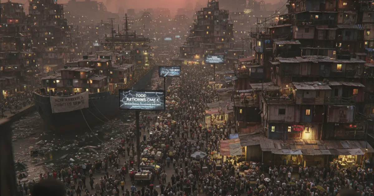Overcrowded futuristic city, population crisis, slums, dystopian future, food shortage