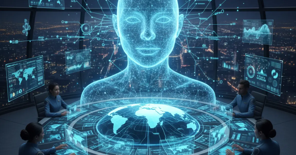 A conceptual image of an AI-managed government, featuring a large holographic human-like AI figure overseeing a control room with multiple operators and glowing screens displaying global data and interconnected networks.