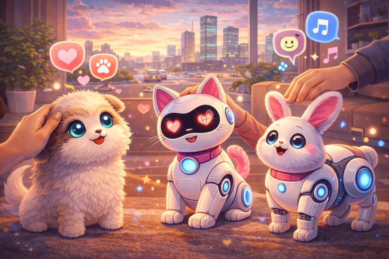 future robot pets behaving like real animals with emotional AI and smart interaction at home