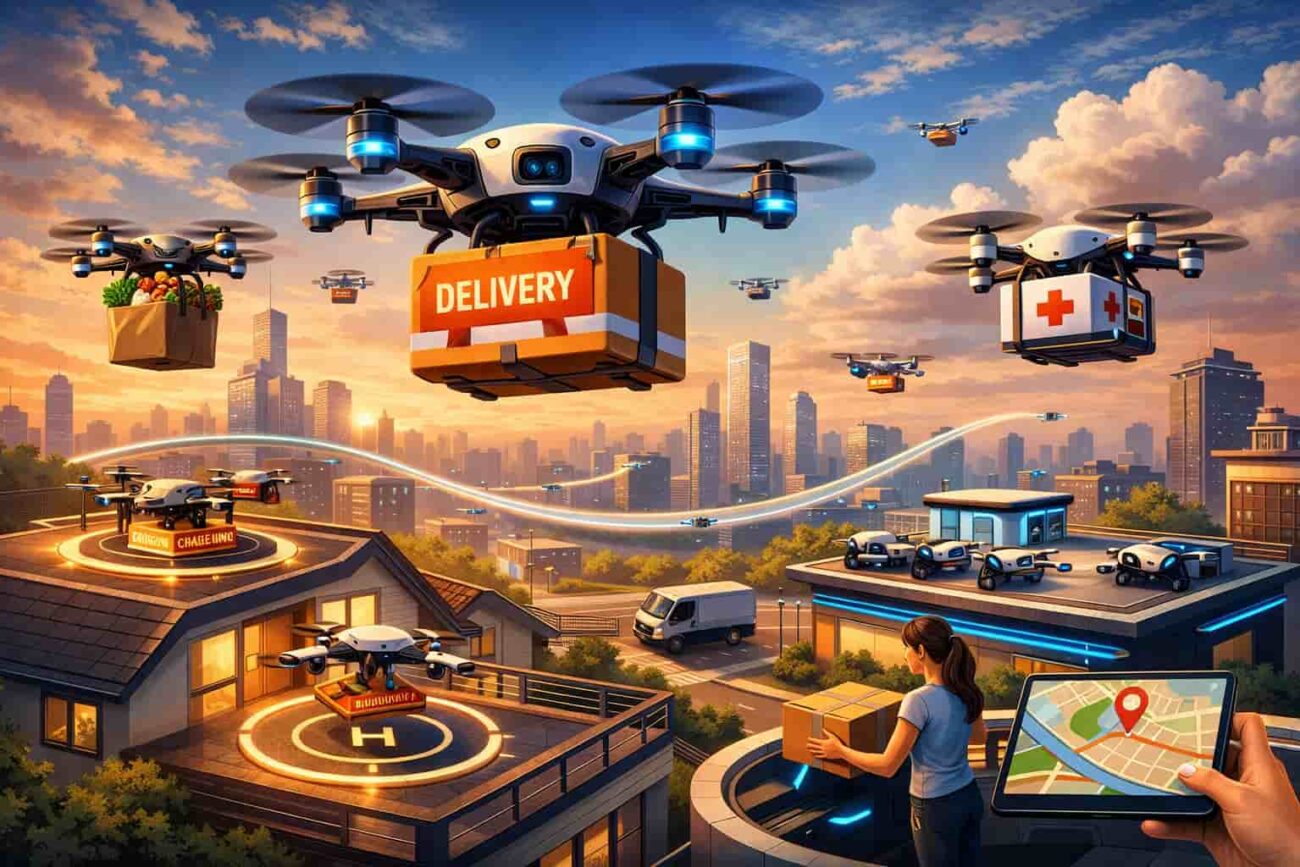 Future drone delivery system flying over a smart city delivering food, medicine, and packages using AI-powered drones