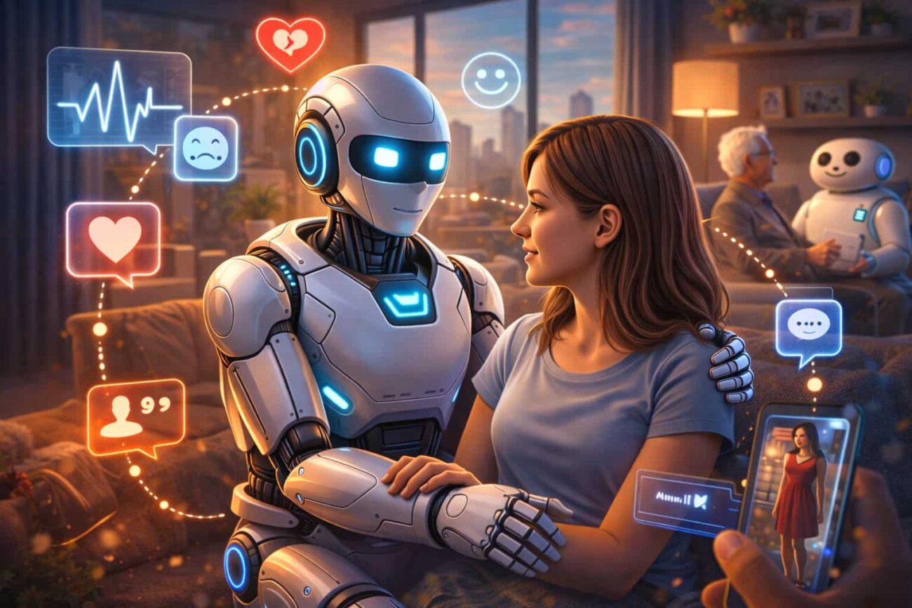 Future human-robot interaction showing an AI robot understanding emotions and communicating naturally with humans at home