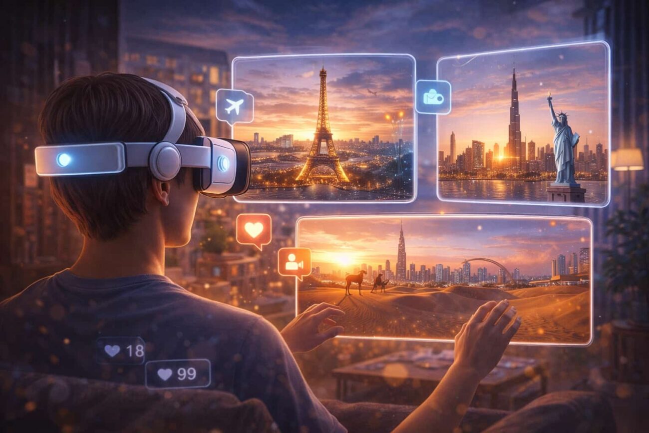 VR travel experience showing virtual visits to Paris, New York, and Dubai through immersive virtual reality tourism