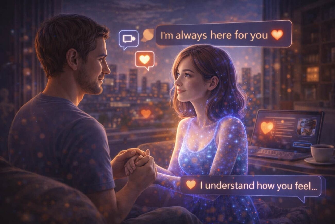 AI partners showing a human forming an emotional connection with a virtual AI companion in a digital relationship