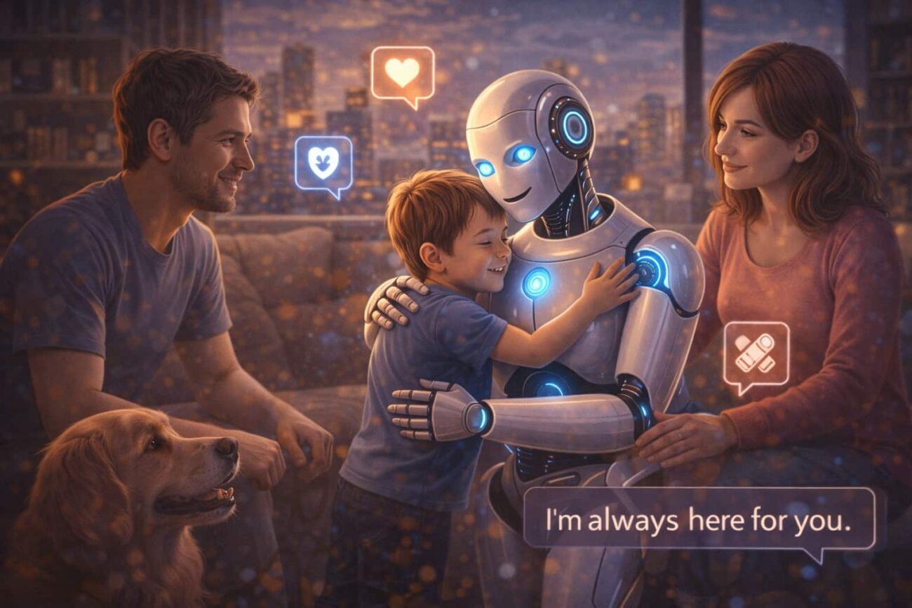 Robots living with humans as emotional companions supporting a family at home in daily life