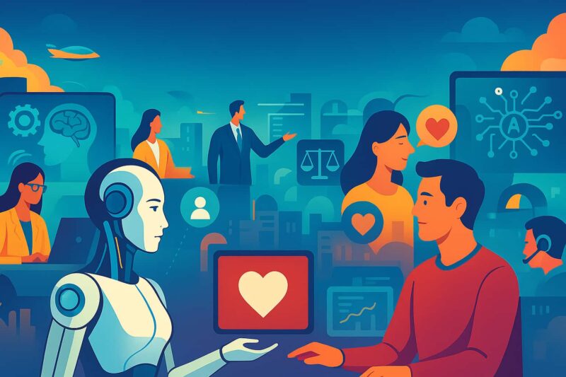Futuristic illustration of humans and AI interacting in a 2050 cityscape, showing robots, digital screens, AI matchmaking, future jobs, and ethical technology symbols.
