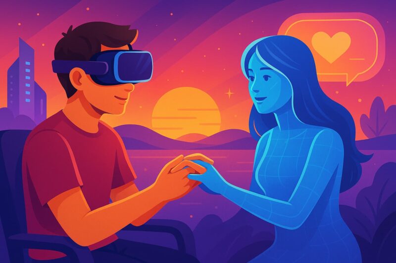 Man using VR headset holding hands with a virtual partner in a colorful metaverse landscape curiouxify asif bc