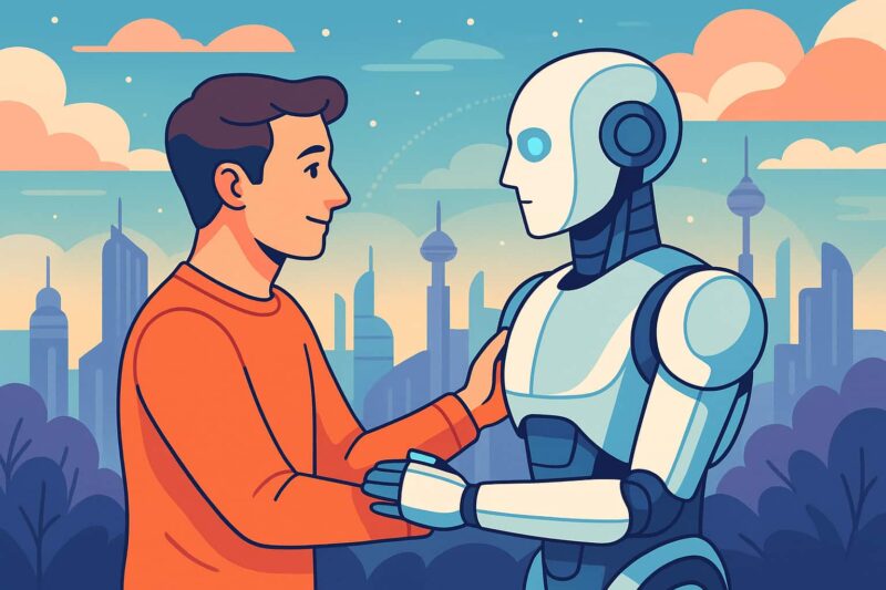 A man and a friendly robot standing together in a colorful futuristic city, showing the idea of human relationships in 2050 and how AI may support human partners.