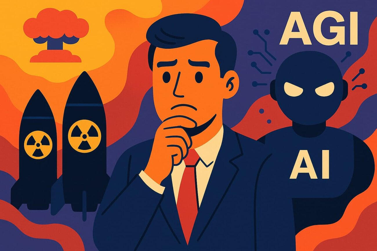 Illustration showing why governments fear AI more than nuclear weapons, featuring a worried man, AI robot, and nuclear missiles in a colorful landscape design.
