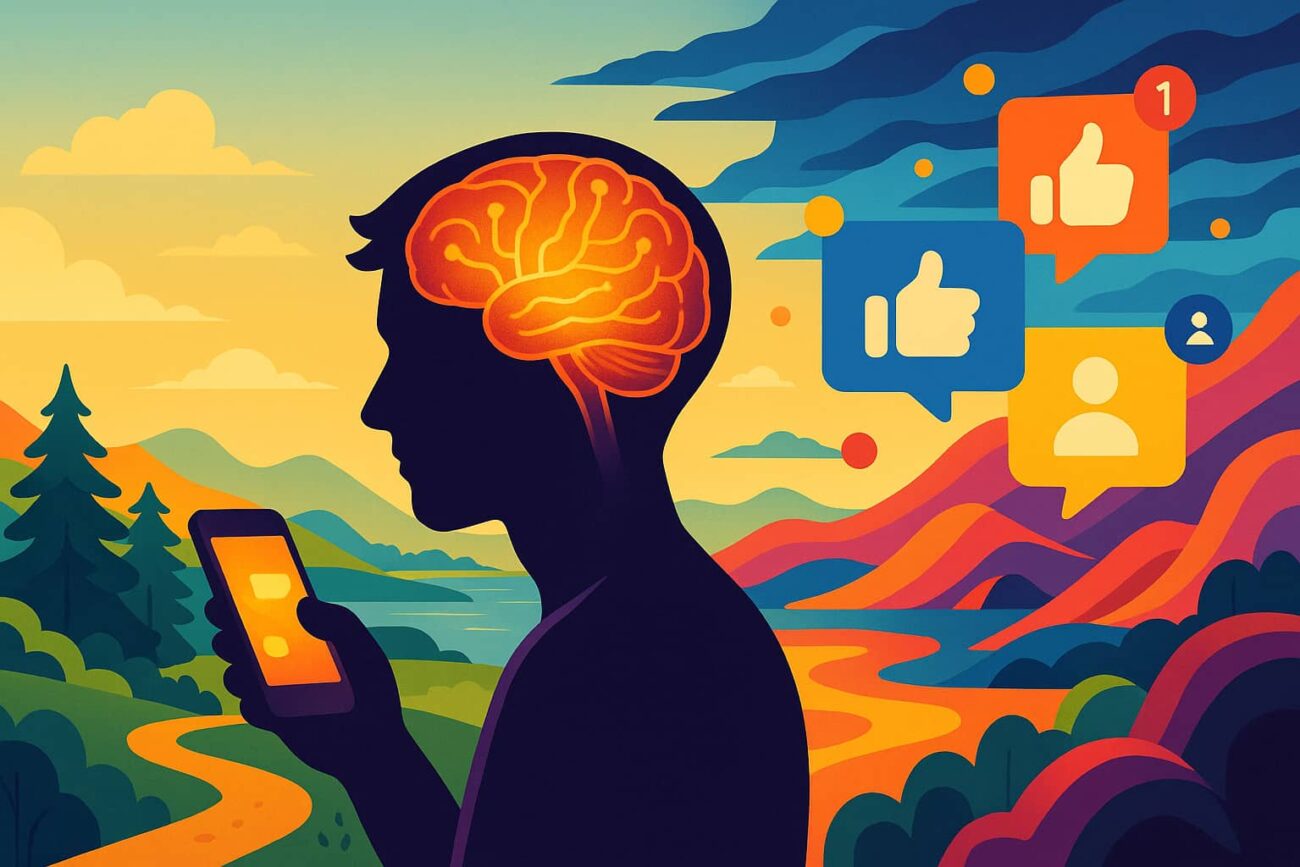 “Illustration showing how social media addiction rewires the personality, with a glowing brain, dopamine icons, and digital effects changing human behavior.”