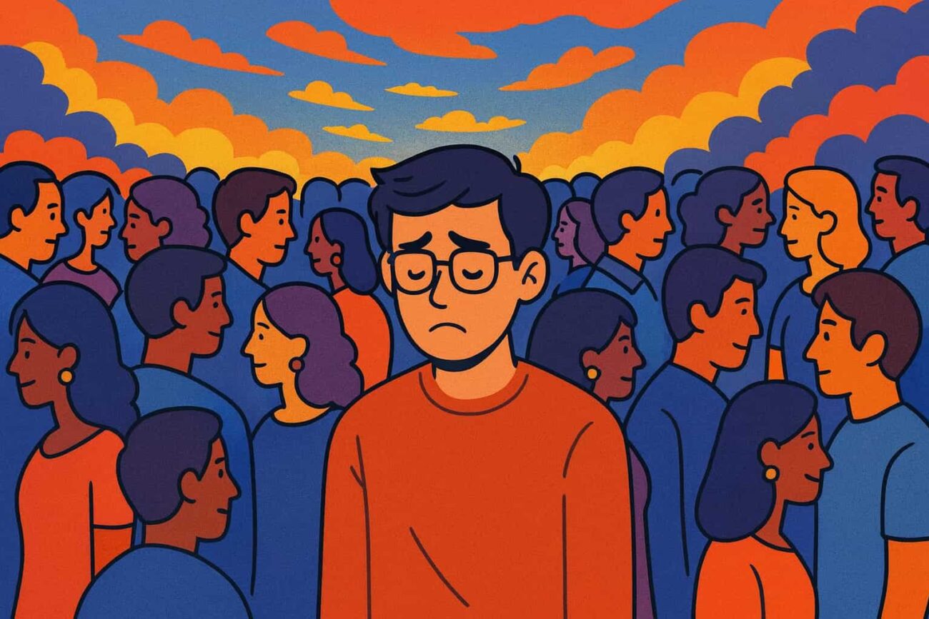 "Illustration of a lonely person standing in a crowded digital world, showing social media loneliness and emotional disconnection