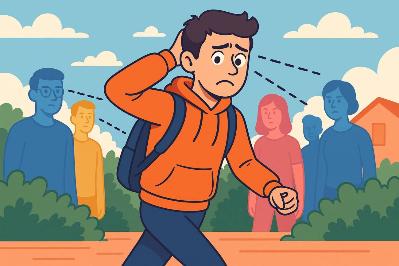 Illustration of a worried person walking and looking around, feeling watched, showing the sense of being watched and the psychology behind feeling someone is behind you.