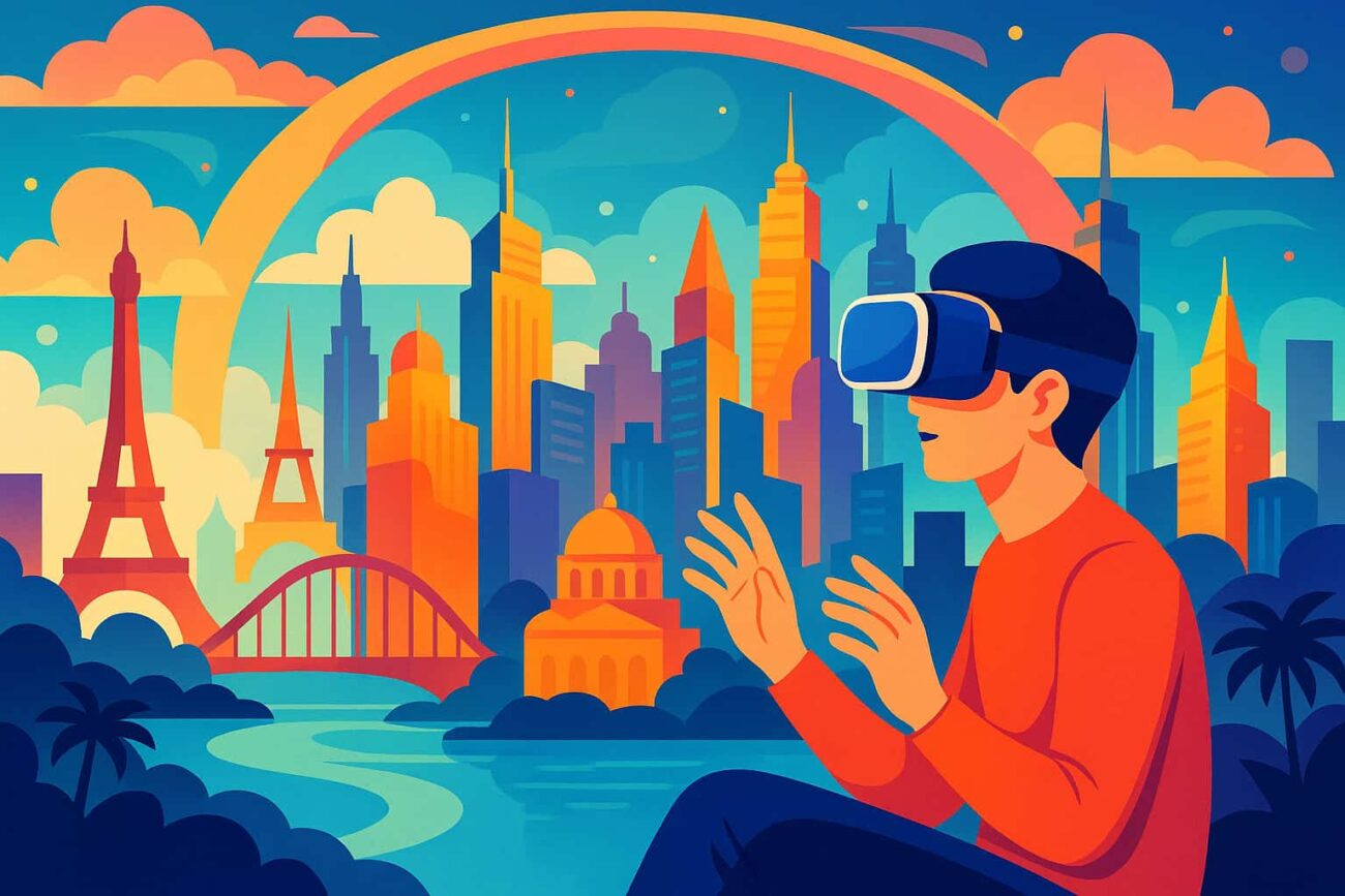 A person using a VR headset exploring colorful virtual cities, showing VR travel, virtual reality tourism, VR vacations, and future travel technology in a bright landscape illustration.