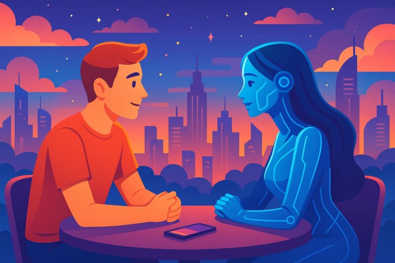 Future of dating with AI partners illustration showing a human and AI companion in a colorful virtual relationship setting