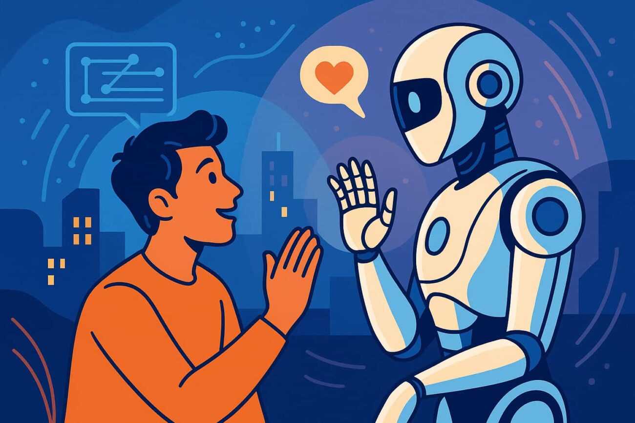 Colorful landscape illustration showing a young man with futuristic robots, representing how future robots will interact with humans using advanced AI communication.