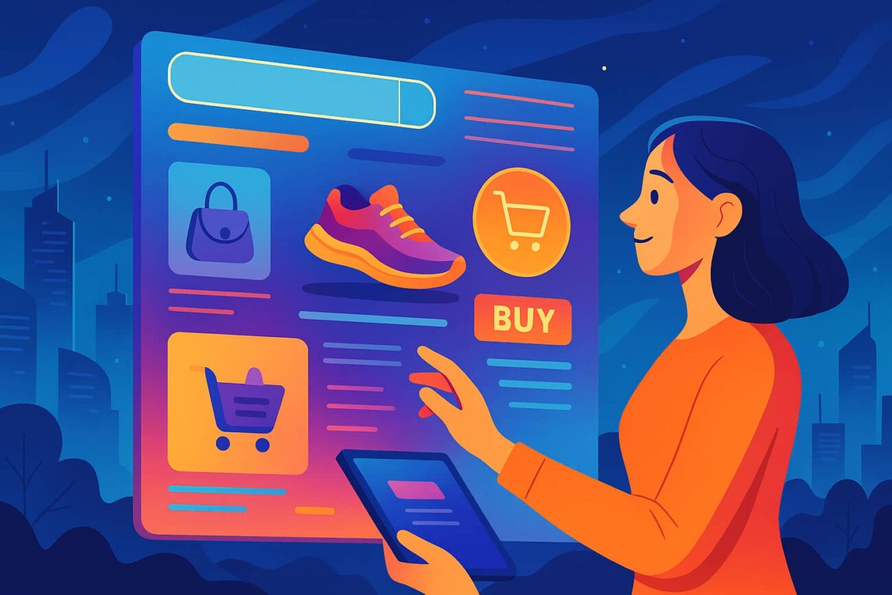 Colorful illustration showing a young woman browsing futuristic digital shopping screens, representing what online shopping will look like in 2040 curioxify asif bc