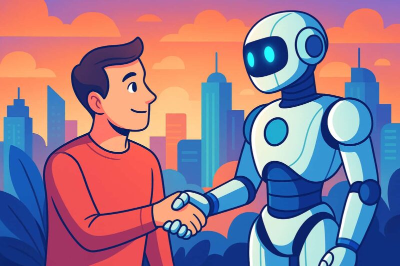 Human and robot shaking hands in a colorful futuristic city illustration representing human robot relationship