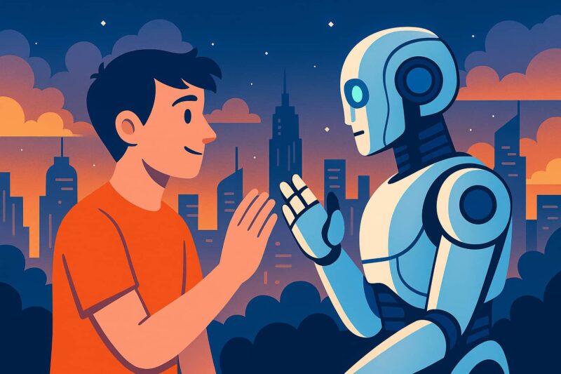 A colorful landscape illustration of a young man interacting with a friendly robot in a futuristic city, representing future AI companions and human–robot connection. curiouxify