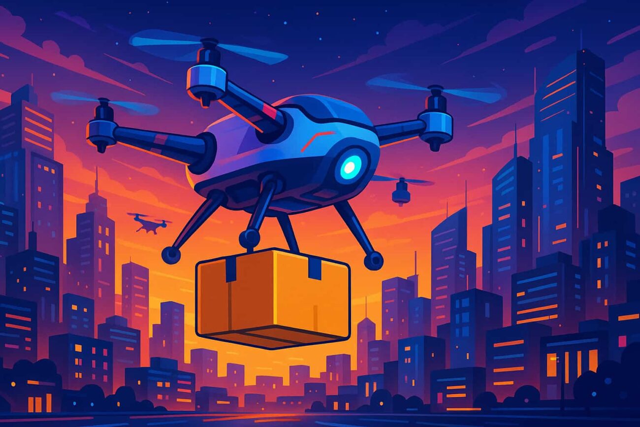 Future drones delivering packages in minutes over a futuristic city skyline, showing high-speed drones and drone delivery in the future
