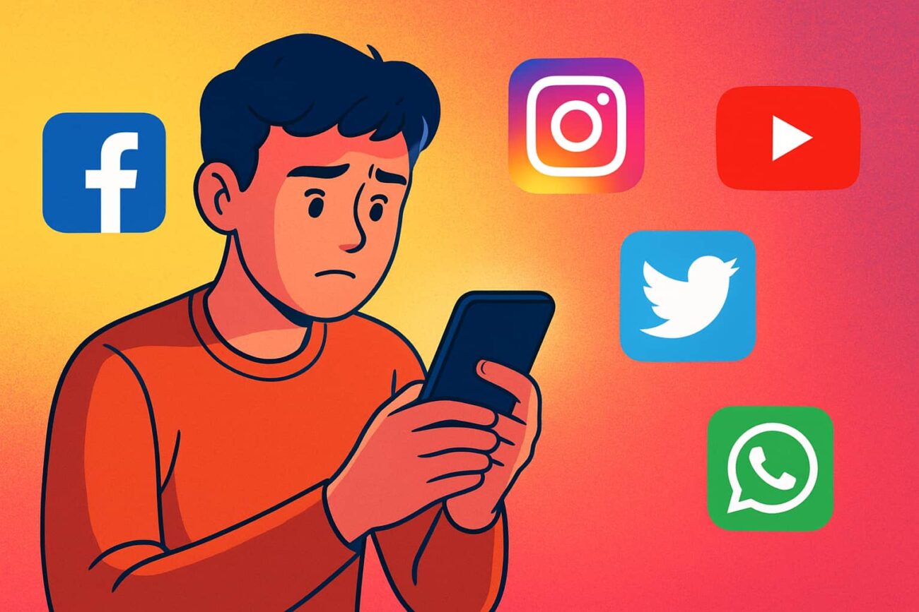 Illustration of a worried person looking at their phone, surrounded by icons for Facebook, Instagram, YouTube, Twitter, and WhatsApp, capturing the anxiety if social media disappeared overnight.