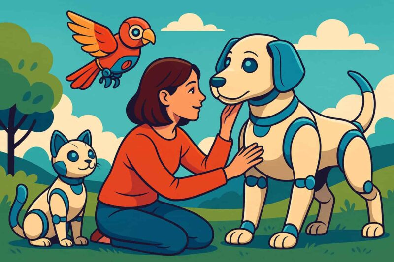 A colorful landscape illustration of a girl interacting with future robot pets, including a robotic dog, cat, and bird, representing robots the future and lifelike robot animals. robots pets curiouxify
