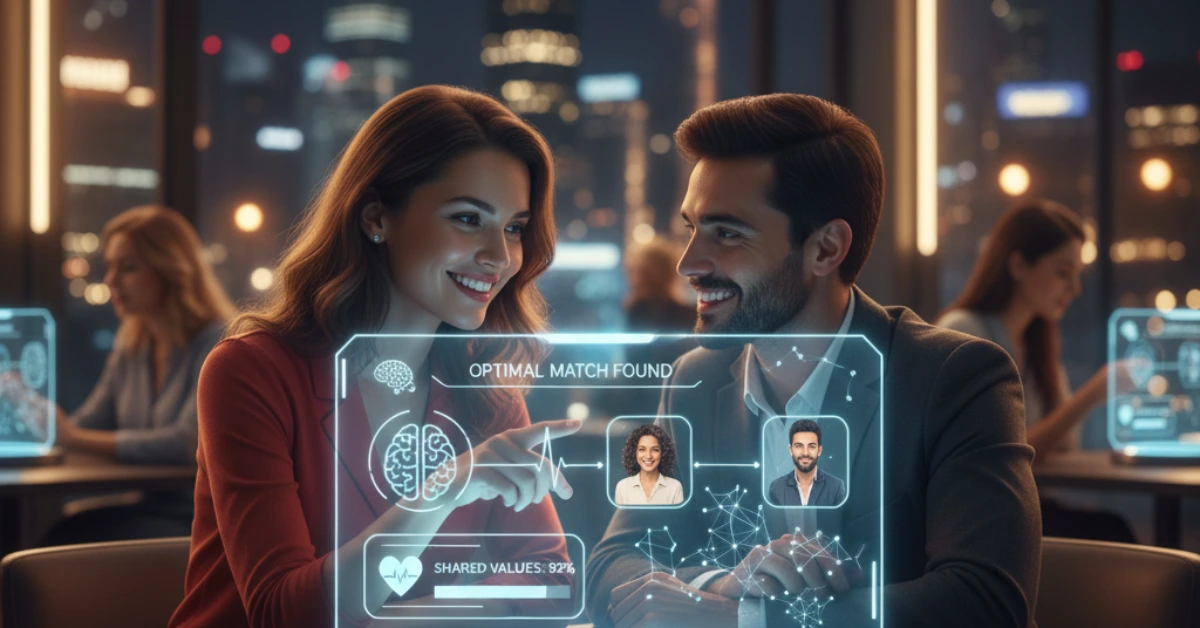 A realistic image of a man and a woman on a date in a modern restaurant at night, interacting with a glowing holographic AI interface displaying 'Optimal Match Found,' personality metrics, and profile pictures, symbolizing AI's role in future dating
