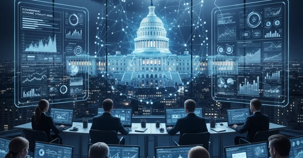 A photorealistic image of a futuristic command center overlooking a city under a stormy sky, with multiple analysts monitoring screens displaying complex data and a central holographic projection of the US Capitol Building, symbolizing AI-driven political stability prediction.
