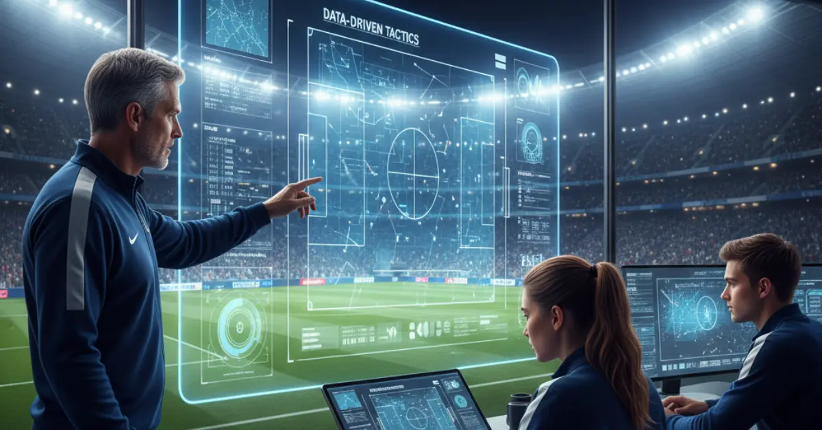 A realistic photograph of a modern football coaching team in a stadium box, analyzing real-time match data and AI-driven tactics on large transparent screens, with a coach pointing to player movements on the virtual pitch