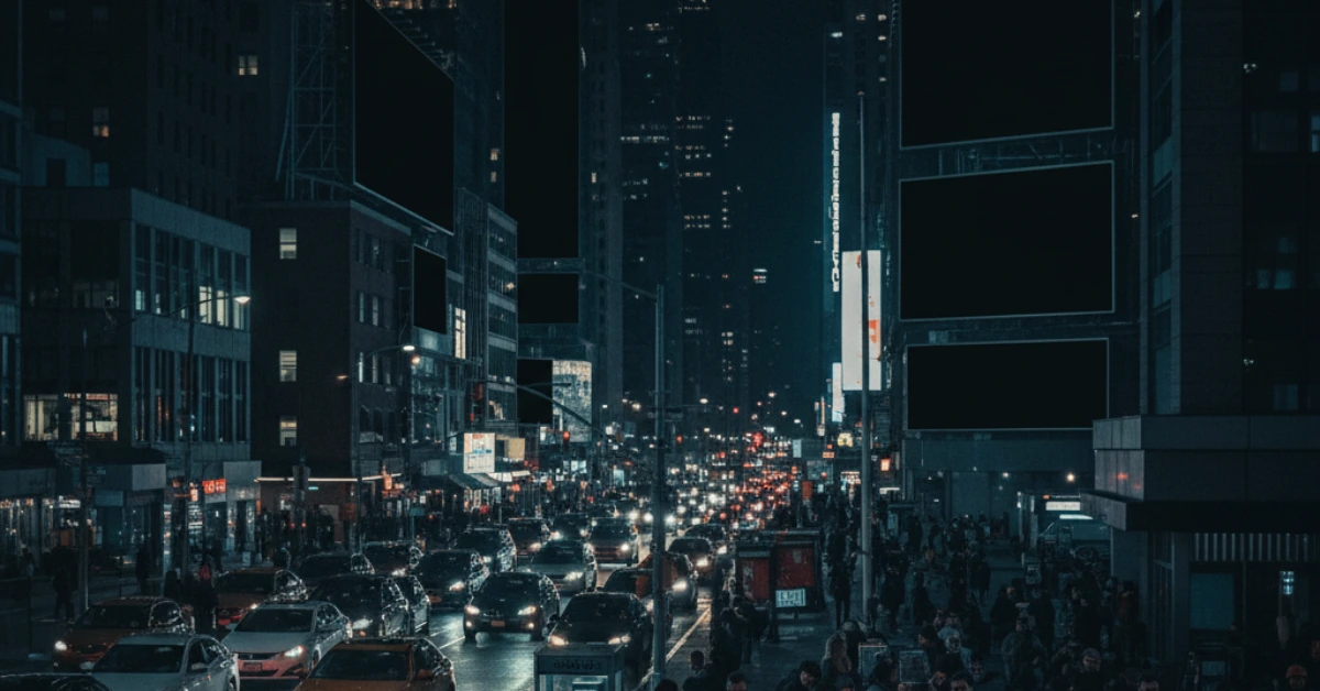 A photorealistic nighttime scene of a bustling city street during an internet blackout, with dark, blank digital billboards, heavy traffic, and people on sidewalks looking at newspapers or confused, conveying a sense of disconnection and disruption