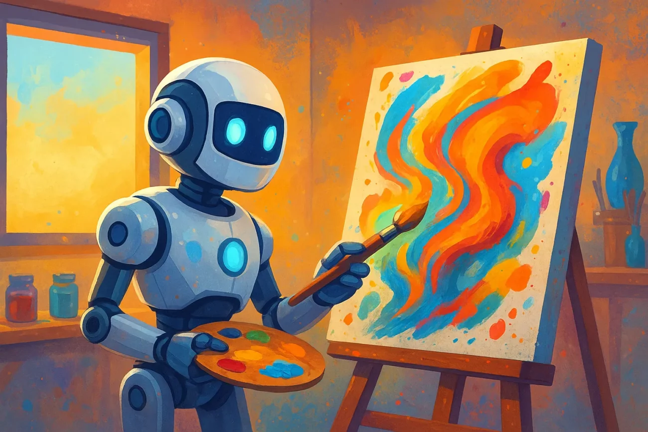 An art robot using a paintbrush and palette to create a colorful painting on a canvas.