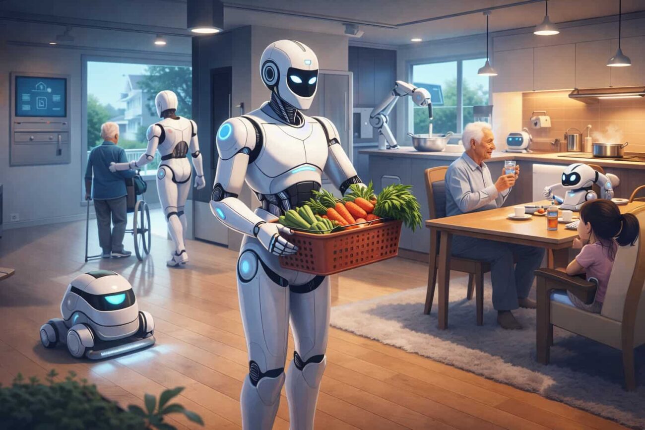robots in future homes helping families with cooking cleaning and elderly care by 2035