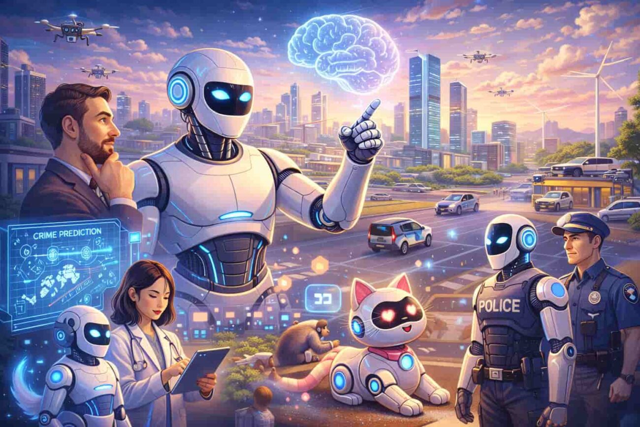 future robots smarter than humans working alongside people in a futuristic city with AI intelligence and automation