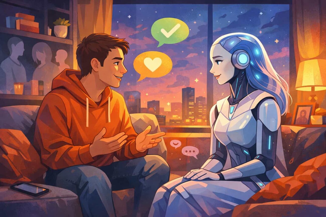 Illustration showing a person calmly opening up to an AI, explaining why people feel safe talking to AI without judgment ai images ai companisons