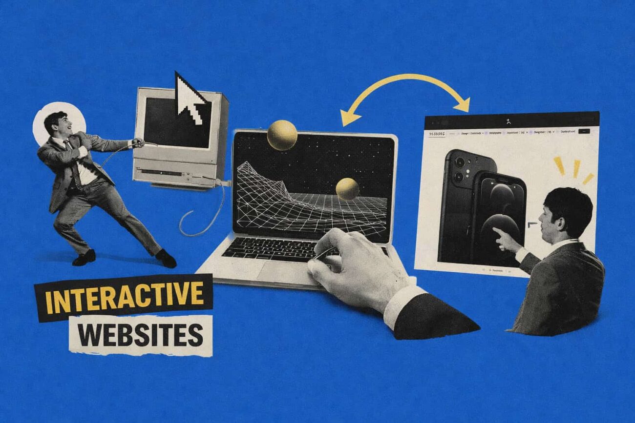 interactive websites concept retro collage with mouse cursor and modern website design visuals. interactive websites awwwards