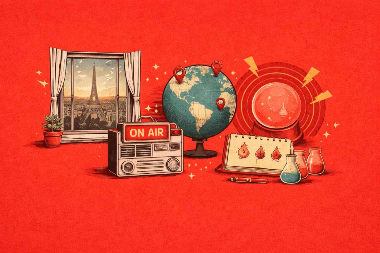 Retro collage illustration by Curiouxify showing creative websites to explore, one of the best websites when bored