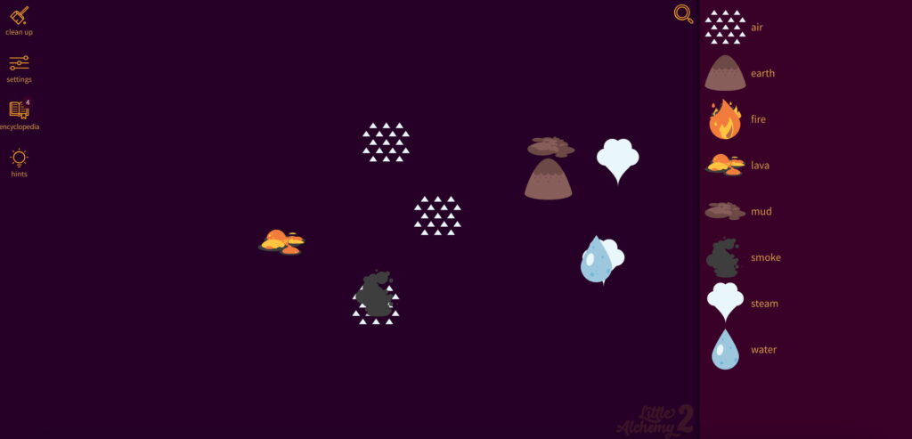 Little Alchemy 2 game interface one of the best websites when bored to create elements and discover new combinations little alchemy game in website curiouxify