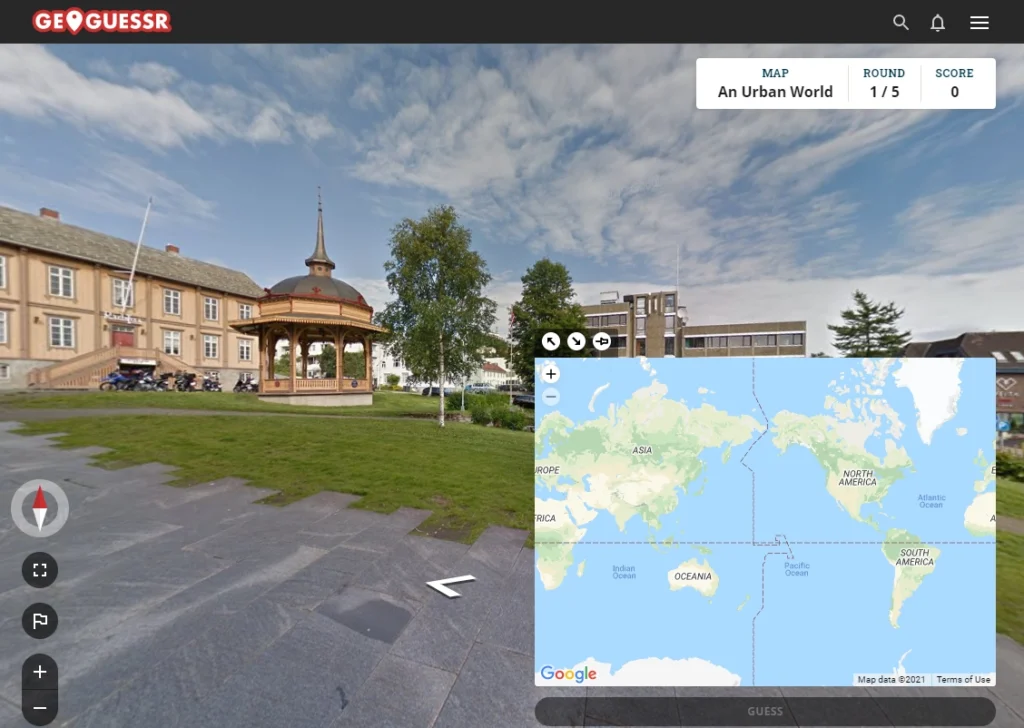 GeoGuessr gameplay interface showing street view map guessing game one of the best websites when bored street view ai 