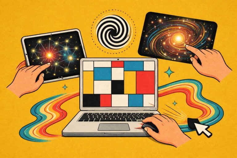 Retro interactive website design showing fun websites to try and interesting web pages with click-based visuals