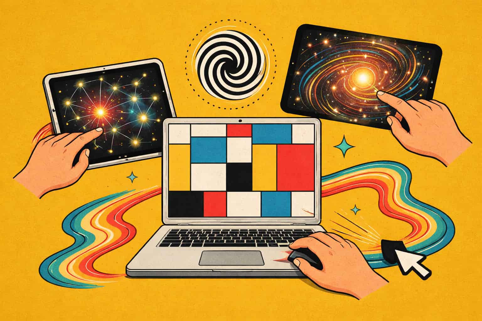 Retro interactive website design showing fun websites to try and interesting web pages with click-based visuals