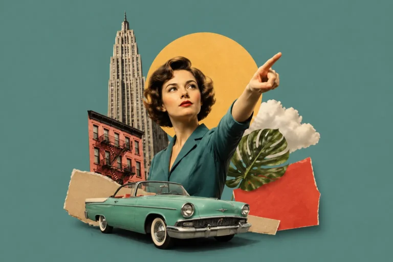 Retro collage style image of a woman pointing, inspired by a website that points at your cursor every time pointer pointer website