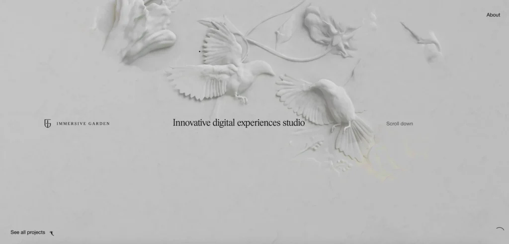 A full-screen interactive web design showcase from the Immersive Garden digital studio.