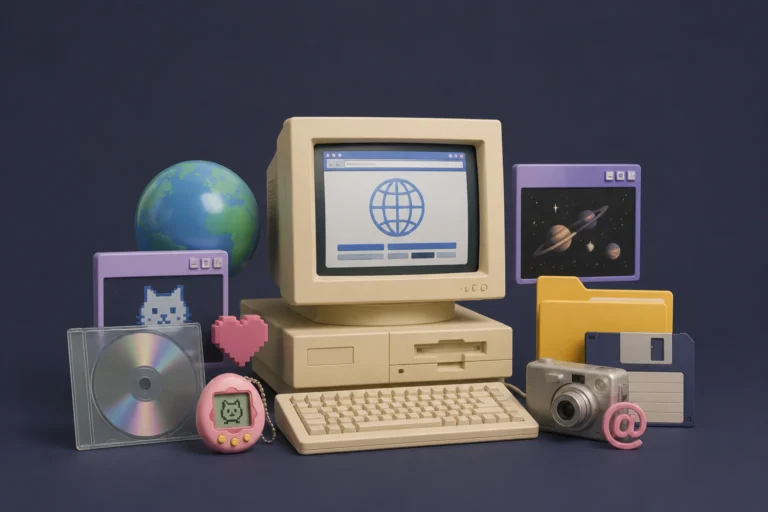 Retro collage-style 3D illustration of ugly websites and old internet nostalgia with vintage computer objects and minimal dark background for retro web design inspiration.
