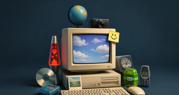 Forgotten websites retro collage featuring old internet computer setup and early web nostalgia objects