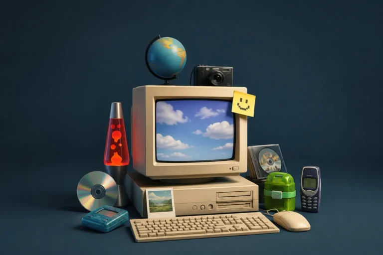 Forgotten websites retro collage featuring old internet computer setup and early web nostalgia objects